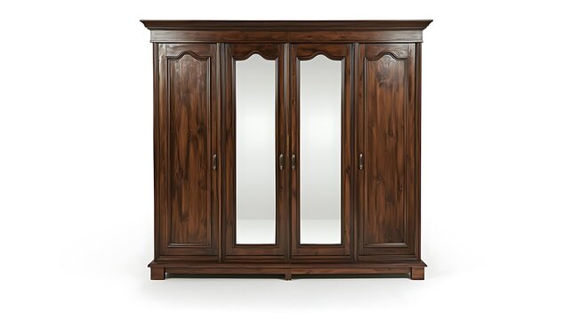 A large wooden cabinet with four doors and a mirror