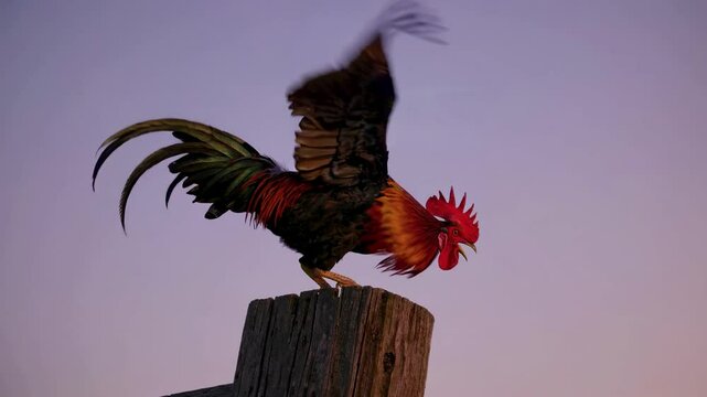 Colorful rooster crowing on wooden post at dawn with purple sky backdrop