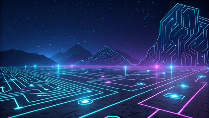 Futuristic digital landscape with glowing neon circuits, dark background, AI