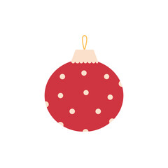 Red Christmas ornament with dots on isolated white background. Vector illustration cartoon flat style.