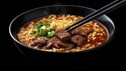 Delicious Beef Ramen Noodles in a Black Bowl