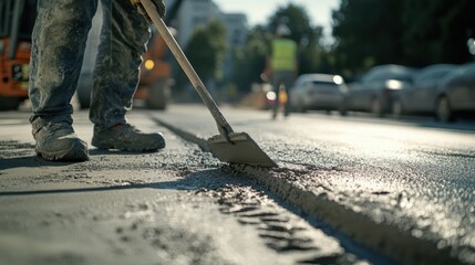 Pavement worker spreading fresh concrete on a city sidewalk. Featuring precision and teamwork