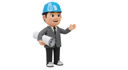 3D Cartoon Architect Presenting Blueprint Construction Engineering