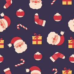 Seamless vector Christmas pattern with Santa Claus, tree,socks,ornaments,present,candy cane. Christmas background for print,fabric,textile,wrapping paper,wallpapers,festive decorations.