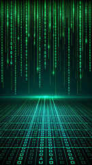 Background with cascading binary code and abstract digital elements, matrix-style, AI