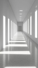 Obraz premium Long, bright corridor with light from windows. Polished floor reflecting light in a simple building