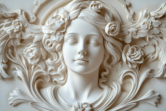 Carved image of an elegant bas relief on a textured wall with gypsum generative AI technology