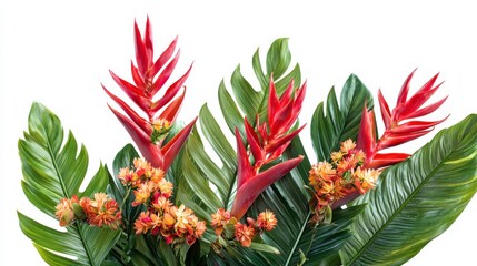 Obraz premium Red Ginger flowers and bird of paradise flowers with tropical leaves in floral arrangement isolated on white background