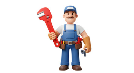 Happy Plumber Cartoon Character Holding Wrench Tools Repair