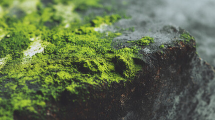 A close up view of a mossy rock surface with a blurred background and a natural stone texture