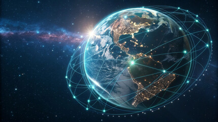 Global network concept with digital lines connecting continents on a holographic globe, technological era, AI