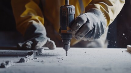 Construction worker using a drill to fix materials. Featuring skill and craftsmanship
