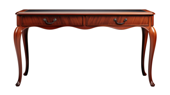 A dark wood desk with two drawers against black backdrop