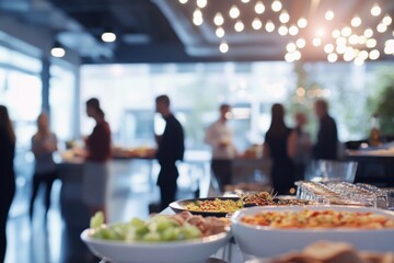 Blurred Corporate Catering Event: Delicious Food and Social Gathering
