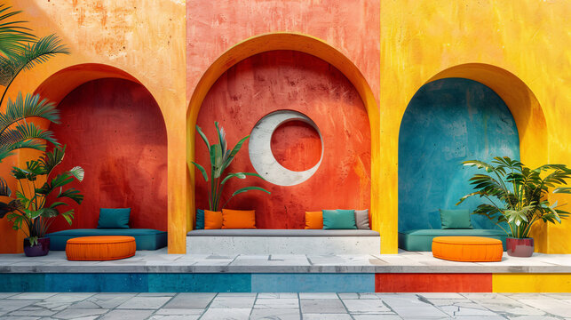 Bright and colorful outdoor labyrinth with geometric arches, featuring a modern, minimalistic design against a blue sky