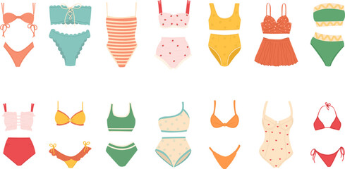 Different types of colorful swimsuits. Big summer set of hand drawn vector images of underwear. Collection of scrapbooking elements for a beach party. All elements are isolated
