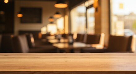 Empty Wooden Table in Blurred Restaurant Setting