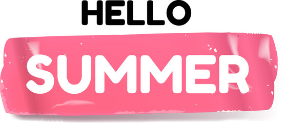 Hello summer pink groovy aesthetic sticker design isolated on white. Hello summer motto sticker, tag, retro label, banner, ribbon, label png with quote. Positiv and motivational 1970s style quote