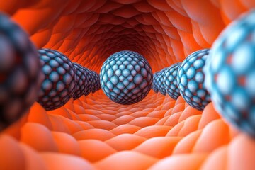 Naklejka premium Spherical blue pattern travelling through orange channel, abstract digital art design