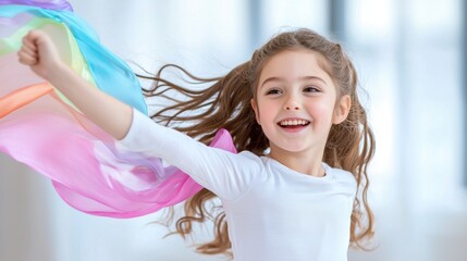 Teenage girl performing rhythmic gymnastics with ribbon in vibrant colors