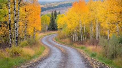 Fototapeta premium Winding road, autumn leaves, mountain backdrop, travel postcard