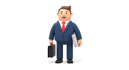 Happy Businessman Cartoon 3D Render Suit Briefcase Documents