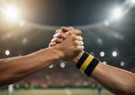 Close-up of two athletes shaking hands on soccer field in stadium