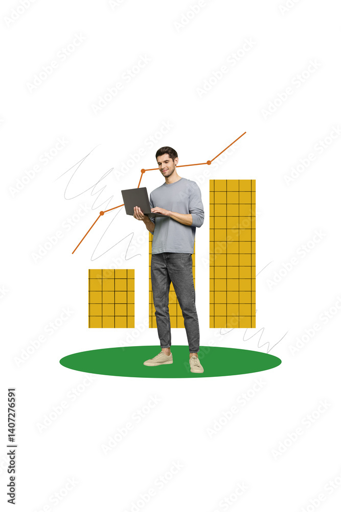 Aufkleber poster collage image of handsome happy man worker use netbook earn money analyzing bitcoin rate isol