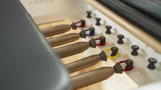 Coiled Metal Springs Of Pilates Reformer, Attached With Color-coded Rings To Adjust Resistance During Workout. closeup shot