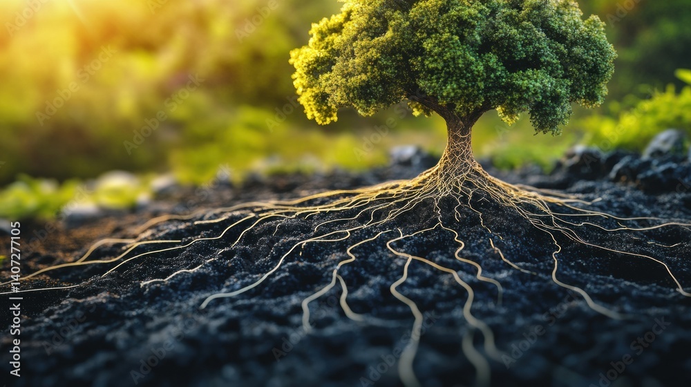 Fototapete tree with roots resembling neural network representing organic intelligence in a lush environment du