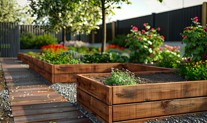 Modern raised garden planters on terrace..