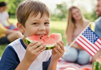 Joyful summer picnic with family celebrating Memorial Day in park
