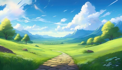 Vibrant Comedy Anime Style Landscape, Playful Characters Amidst Bold Colors and Textures, Exuding Humor and Joy in a Serene Environment.