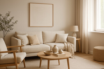 A serene and modern living room featuring neutral tones, comfortable furniture, and minimalist decor that promotes relaxation and a cozy atmosphere, perfect for everyday living.