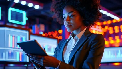 Confident businesswoman project manager on digital tablet, analyzing holographic futuristic big tech data room screen in high visualization monitoring holding video 4k - Powered by Adobe