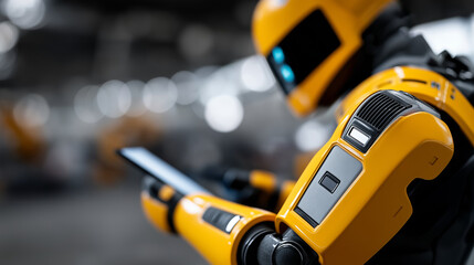 Technician Using Smart Tablet for Robotic Machine Inspection and Remote Welding in Industrial Manufacturing Setup. AI robotics, robotic technician, smart tablet, industrial manufacturing, factory 