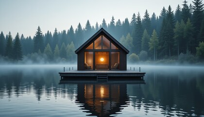 Obraz premium Cozy cabin on serene lake surrounded by dense forest with warm interior lighting - AI generated nature retreat photography
