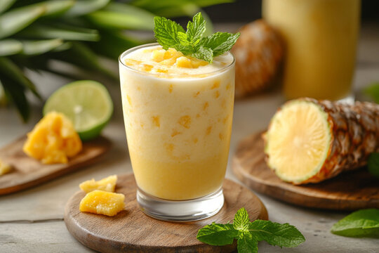 Un coctel servido en un vaso largo, con una cremosa textura y decorada con una rodaja de  una sombrilla diminuta 