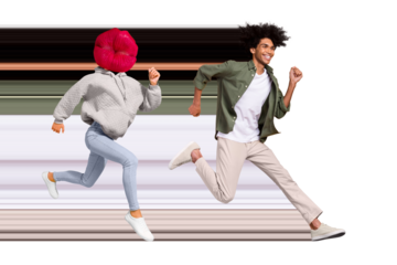 Creative 3d photo artwork graphics collage painting of funky lady lips instead head running kiss guy isolated drawing background