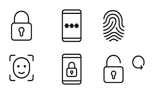 outline vector icons of screen lock settings: lock, PIN, password, fingerprint, face ID, smart lock, unlock, lock timer. No text. The icons should be clean. isolated transparent background. Line