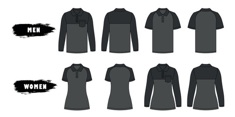 Black polo shirt template vector mockup with front and back view, a realistic and detailed illustration like a photograph for your design, on a gray background.
