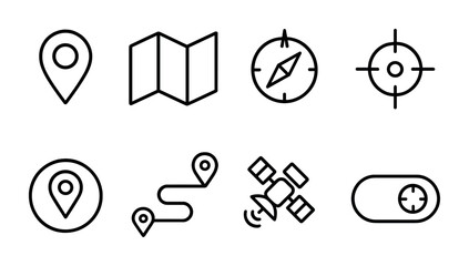 outline vector icons of GPS and location settings: pin, map, compass, current location, geofence, route, satellite, accuracy toggle. No text. The icons should be clean. isolated transparent
