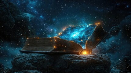 Open book under starry sky unlocking dreamlike space concept. Glowing pages unlocking a portal to the stars.
