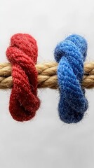 Knots in a rope are red and blue on white. Intertwined fibers create texture and connection
