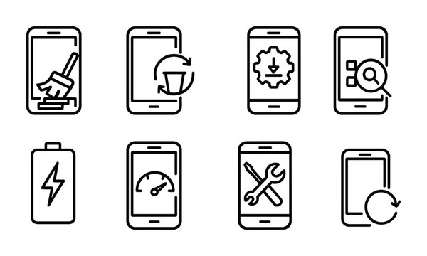 outline vector icons of phone maintenance: clean storage, clear cache, software update, app cleanup, battery optimization, performance mode, restart, diagnostics. No text. The icons should be clean.