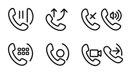 Obraz premium outline vector icons of call features: hold call, call merge, call mute, speakerphone, keypad, call record, video call, call transfer. No text. The icons should be clean. isolated transparent