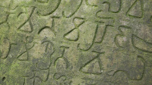 Close-up of ancient Sundanese script carved on mossy stone, historical and mysterious