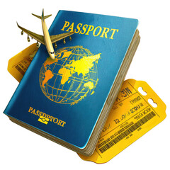 This visual displays essential travel documents, including a blue passport and two yellow boarding passes, alongside a model airplane, symbolizing adventure and exploration