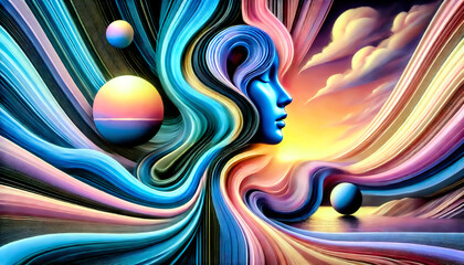 A surreal profile of a blue face blends into colorful flowing lines and floating spheres, set against a dreamy sunset sky with radiant clouds and a reflective ocean.