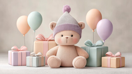 Sweet and cozy composition to celebrate the birth of a baby: a cute plush doll in a festive hat, pastel-colored gifts, and balloons on a soft light background. Warm, joyful, and full of love